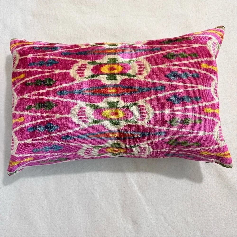 Handwoven silk velvet Ikat cushion, pillow down insert vibrant tribal pattern‌‌